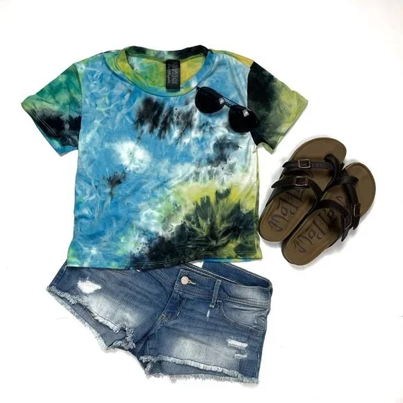 Be Free Los Angeles‎ Tie Dye Crop Top | Yellow Blue Black Short Sleeve Tee - Picture 5 of 9